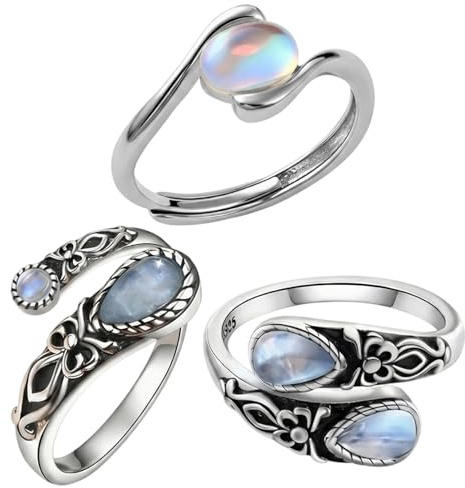 NHCDFA 3 PCS Moonstone Ring, Adjustable Rings for Women for Daily Wear and Special Occasions, Fine Craftsmanship with Three Distinct Moonstone Rings
