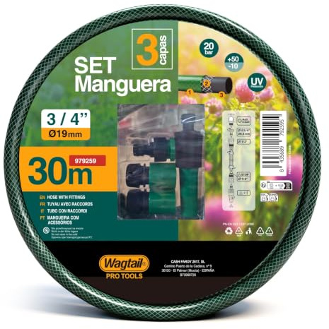 SET - Manguera de Jardín 30M 3/4 Reforzada con Triple Capa, con Conectores Rápidos, Adaptadores y Pistola de Riego, Resistente y Flexible