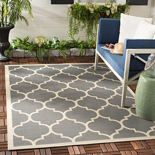 SAFAVIEH Geometrisch Teppich für Innen - & Außenbereich - Courtyard Collection, Kurzer Flor, Anthrazit und Beige, 160 X 231 cm