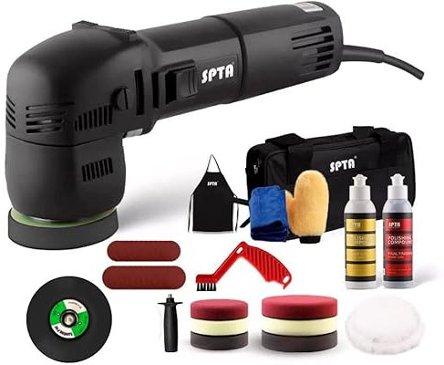 SPTA Buffer Polisher, 3 Inch 10mm/780W Variable Speed Orbital Dual Action Auto Detailing Tool With DA Polishing Pads, Sanding Discs, Pad Conditioning Brush, Scratch Remover