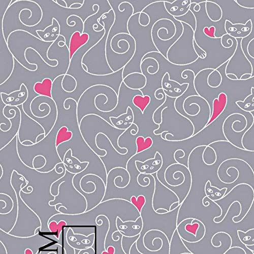 Pingianer 100x160cm Katze 100% Baumwolle Baumwollstoff Kinder Meterware Handwerken Nähen Stoff (Katze Grau Herzen Pink, 100x160cm (11,99€/m))