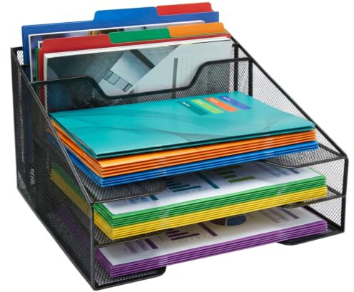 Osco Black Wire Mesh File Organiser, A4 Desk Tidy 5 Section Letter Tray, Office Document Holder, Paper Storage for Home Office, Teacher School Desk Tray, No Assembly Required, 24x32x29 cm
