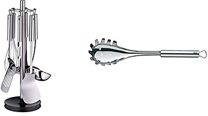 WMF Profi Plus Küchenhelfer Set 7-teilig, Ständer mit 6 Helfern, Schöpflöffel, Schaumlöffel & Profi Plus Spaghettilöffel 32 cm, Cromargan Edelstahl teilmattiert