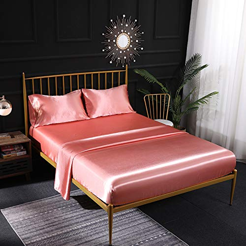 Set di biancheria da letto in raso di seta, 4 pezzi, con lenzuolo con angoli in raso, lenzuolo piatto, federa traspirante, morbido e confortevole, per letto super king size