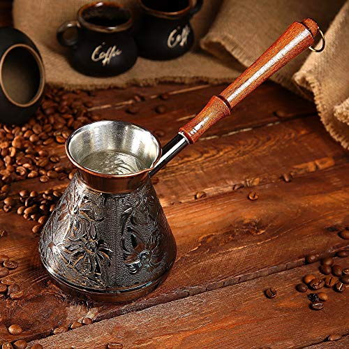 Cafetera de cobre con grabado griego árabe turco de 20 onzas Cezve Ibrik Briki con mango de madera