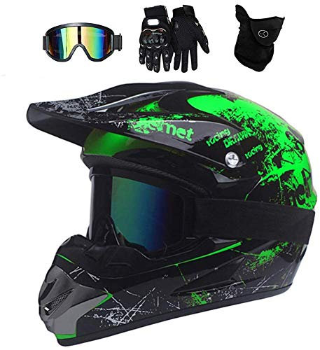 UIGJIOG Motorradhelm,Motocross Helm,Helm Kinder,Helmets Kinder-Cross-Helm, Road Helm mit Handschuhe Maske Brille, ATV Helm,Grün,S(52~53cm)