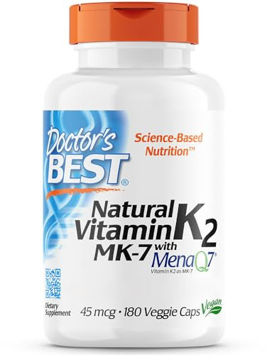 Doctor's Best, Natural Vitamin K2, MK-7 con MenaQ-7, 45mcg, 180 Capsule vegane, Testato in Laboratorio, Senza Glutine, Senza Soia, Vegetariano