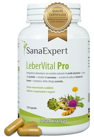 SanaExpert LeberVital Pro | LA PURIFICAZIONE PER FEGATO E RENI | con estratto di cardo mariano, carciofo e curcuma (120 capsule). Ingredienti vegani e di base naturale. Prodotto in Germania