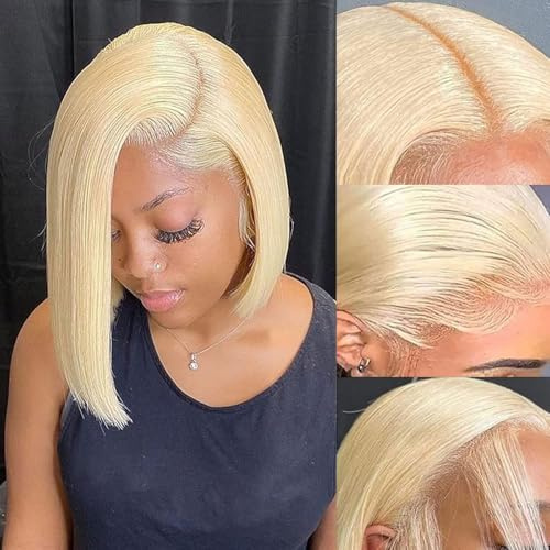 HUIWANYAN Echthaar-Perücke, 33 x 10,2 cm, Lace-Front-Perücke für schwarze Frauen, blond, 180% Dichte, klebefrei, kurze Bob-Perücke, vorgezupft