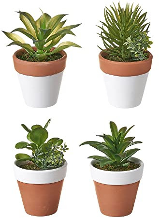 LOLAhome Set de 4 Plantas Artificiales Cactus de plástico con macetas de Terracota de Ø 9x14 cm