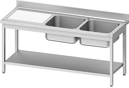 Romux® - Fregadero con 2 Senos Escurridor Izquierda con Estante 1400x700x850 mm | Fregadero Industrial de Acero Inoxidable Fabricada en Acero de 1 mm de Grosor ofreciendo Gran Robustez y Resistencia