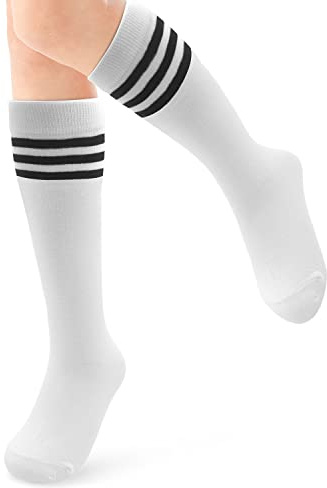 ALLY-MAGIC Knee High Socks, Casual Thigh High Socks White Black Striped Boot Sock 3 Striped Long Tube Stockings for Women Girls Daily Wear Y7TWGXW (white)