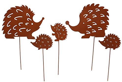 UNUS Juego de 5 tapones para jardín, diseño de erizo, aspecto oxidado, de metal oxidado, decoración para jardín, terraza, balcón, maceta