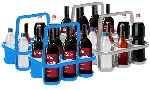 Novaliv 4 soportes para botellas para 24 botellas, agarre estable, cesta de plástico, apilable, 32 x 23 x 28 cm, color azul plateado, ideal para cocina y sótano, portabebidas, portabebidas,