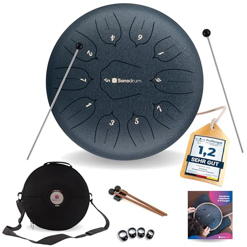 Sonodrum Zungentrommel Standard C-Dur in Dunkelblau - 30 cm groß mit 11 Tönen. Steel Tongue Drum inkl. Liederbuch, Schlägel, Fingersticks und Tragetasche - Notenlesen nicht nötig, einfach zu spielen