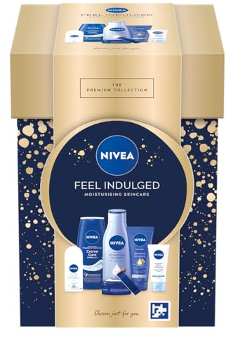 NIVEA Feel Indulged Coffret cadeau de soins de la peau hydratant pour femme comprenant une crème douche, une crème pour les mains, une lotion pour le corps, une crème de jour, une crème de nuit,