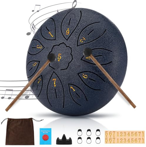 Zungentrommel, 6 Zoll Steel Tongue Drum, 11 Tone Pan Töne Schlaginstrument, Hand Pan Drum, Scheibentrommel, Fingerlinge Trommelstock Trommelstockständer Musikbuch Aufbewahrungstasche Einfach zu Lernen