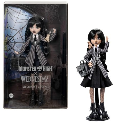 Monster High Mercoledì, bambola e accessori, Mercoledì Addams da collezione in uniforme Nevermore Academy con Mano; zaino e piedistallo per bambola, HXJ04