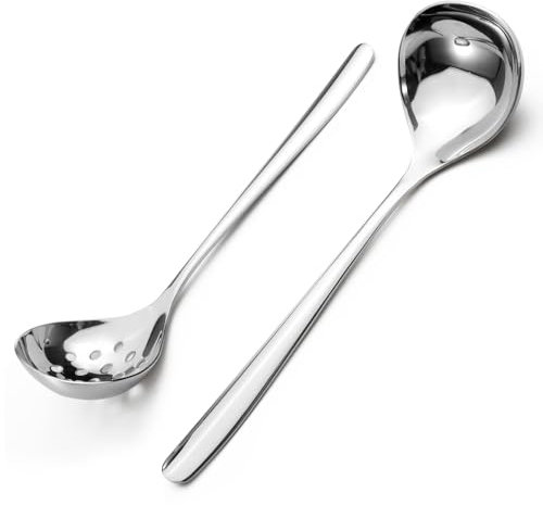 Realand 2Pcs Small Ladle and Slotted Spoon, Heavy Duty 304 Stainless Steel Gravy Ladle Mini Soup Ladles for Serving, Skimmer Strainer Ladle Spoon with Holes, Silver