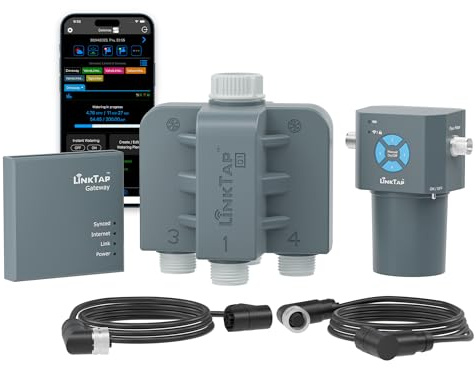 LinkTap Q1 Intelligenter Bewässerungscomputer und Gateway, 4 Separate Zonen, 4 Integrierte Durchflussmesser, Entspricht 4 G2S Bewässerungssteuerung, Einfache Installation und Bedienung, IP66