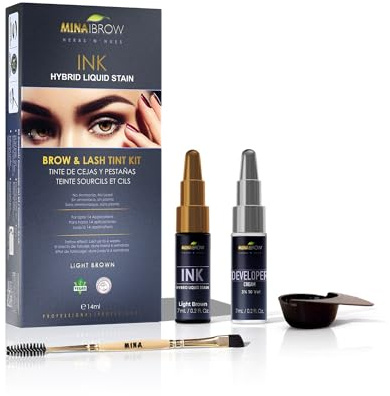 MinaiBrow INK Hybrid Liquid Tint for Brow & Lashes Light Brown |Long Lasting Spot Coloring for Brow & lash |Instant Brow Hair Dye Tint Kit | 100% Gray Coverage - up to 14 Applications - 14ml