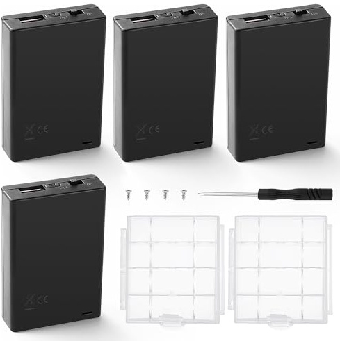 KUOQIY 4 Pièces 3x1.5V AA Supports de Piles, Boîtier de Batterie avec Intégré Prise Femelle USB Couvercle et Interrupteur On/Off, avec 2 Pièces Boîte à Piles en Plastique et Tournevis et Vis, Noir