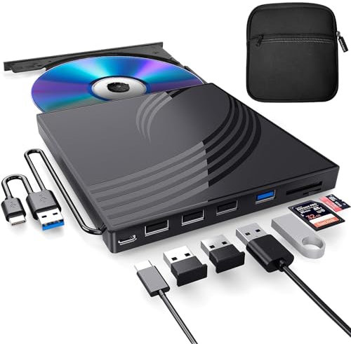 Unidad externa de CD/DVD para portátil con funda de transporte, reproductor de DVD para portátil, grabadora de CD portátil con 4 puertos USB, 2 ranuras para tarjetas TF/SD, reproductor de CD y lector