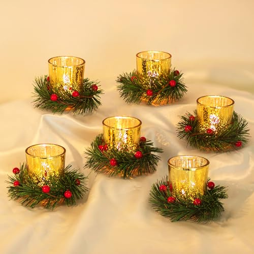 Hewory 6 Teelichthalter Gold Set mit Kerzenring für Weihnachtsdeko Tisch | Mit Roten Beeren&Tannengrün, Dickes Premium-Glas Kerzenhalter, Windlicht Glas für Weihnachten Party Kamin Geschenkidee