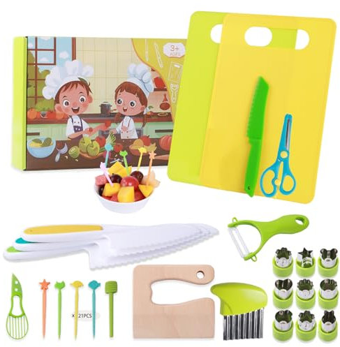 Kinder Küchenmesser Set, DSYZWEE 40-Kinder Sicherheit Küchenmesser mit Schneidebrett Wellenschneider zum Kochen oder Schneiden von Obst Brot Cupcake-Formen, Montessori Messer