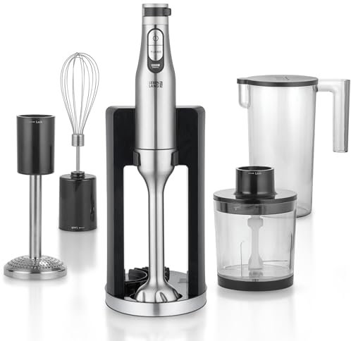 LEBENLANG Premium Set Batidora mano 1200w - Incl. 5x accesorios & protector contra salpicaduras I Infinitamente ajustable & turbo I Trituradora de alimentos Minipimer Blender Batidoras brazo Mixer