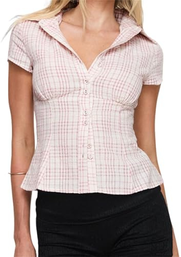 Women Button Down Shirts Y2k Slim Fit Lapel Collar Short Sleeve Blouses | Button Up Shirts Womens French Style,Y2k Slim Fit,Yellow White Blue Striped Short Sleeved Elegant Business Shirt,Office Shirt