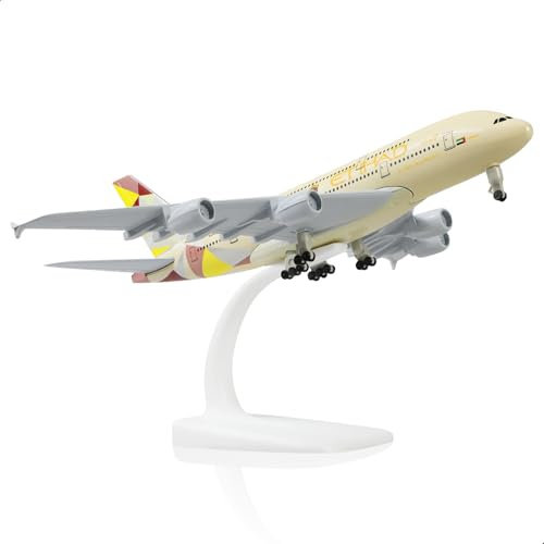 QIYUMOKE 1/300 metallflygplansmodell för Etihad A380 för Airbus A380 modellflygplan med stativ (7,5 tum lång) Utställningsdekoration för flygfartsintresserade.
