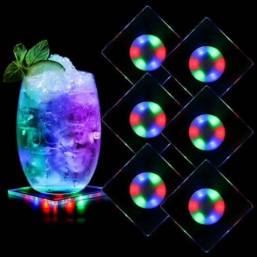 6er Quadratisch Bunt LED Untersetzer für Getränke 10cm 3 Beleuchtungsmodi | Leuchtende Untersetzer, Acryl Untersetzer Leuchtende für Gläser Flaschen Partys Hochzeiten Bar Weihnachten