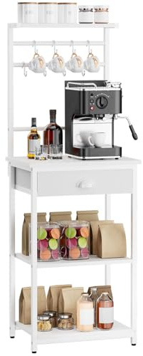 YMYNY Küchenregal, Bäckerregal, Kaffee Organizer, Kaffeebar, 5 Regalebenen, 8 Haken, Stoffschubladen, Stahlrahmen, 43 x 33 x 134.5 cm, für Küche, Wohnzimmer, Weiß HBR009W