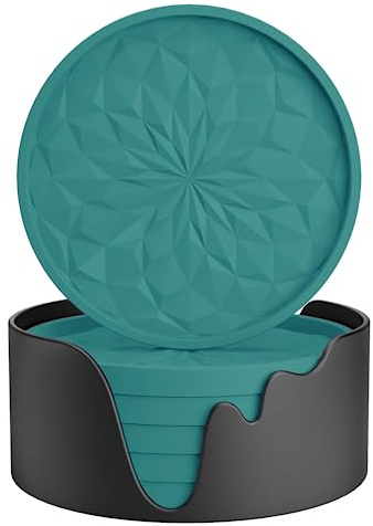 STLIAN Lot de 6 dessous de verre en silicone avec support, dessous de verre pour boissons chaudes ou froides, épais, antidérapant, anti-adhésif, plateau profond, bleu sarcelle