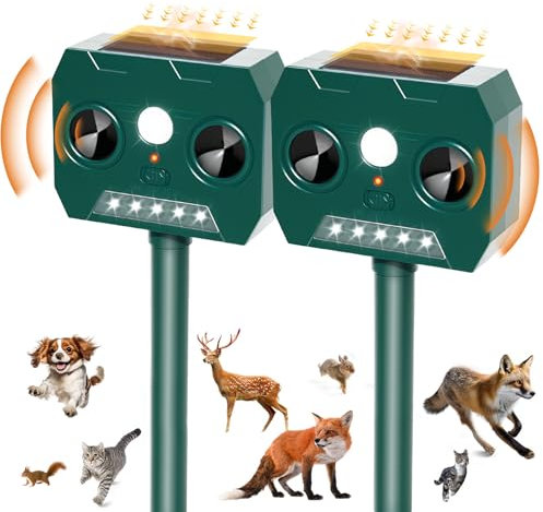 RAYGARD 2 Pezzi Dissuasore Gatti, 2025 Repellente per Volpi Ultrasonico Solare con Luce LED, 12m 120° Dissuasori per Piccioni Giardino IP45 Impermeabile per Gatti Martore Volpi Cani Procioni