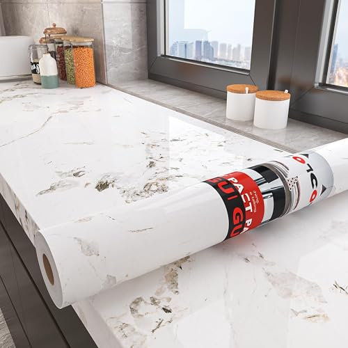 Decotalk Arbeitsplatte Folie Marmor Weiß Küchenfolie 60X500cm Folie für Möbel Küchenschränke Wasserdicht Klebefolie Möbel Selbstklebend Mamorfolie Selbstklebende Vinyl Dekorative Marmor Tapete