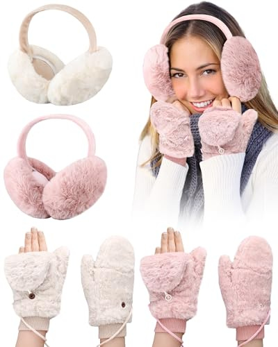 Jeere 4 Pack Winter Faux Fur Ear Muffs and Flip Mittens Set for Women Fingerless Gloves Fuzzy Ear Warmers Muffs Cover Outdoor (White, Pink)