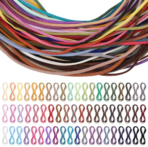 60 stycken läderband, 1 m x 2 mm 60 färger läderband vintage läderband kedjor slitstarka platta läderremmar lädersnöre för armband, halsband, handgjorda hantverk, gör-det-själv smycken, hängen