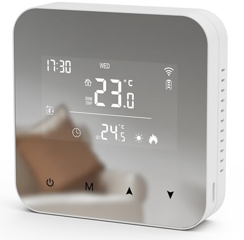Smart Thermostat for Combi Boiler 2 Wire, Wired Wifi Thermostat Digital Programmable Heating Controller Wall, Compatible with Alexa and Google Assistant Battery Powered, Mirror Finish, Surface Mounted