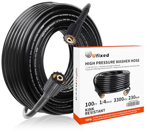 Ufixed Flexibler Hochdruckreinigerschlauch 15,2 m × 1/4 Zoll, 230 bar (3300 PSI), knickresistent mit M22 Messinganschluss 14 mm, Ersatzschlauch für Hochdruckreiniger, Schwarz