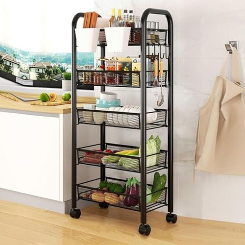 5 Tier Stackable Metal Mesh Vegetable Rack, Vegetable Storage Cart, 360 Degree Wheels, Fruit Basket, Kitchen Storage Rack, Fruit and Veg Storage Basket