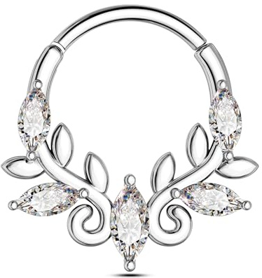 CM Crareesi Mania Septum Ring 16G Daith Piercing Jewellery 316l Surgical Steel Helix Hoop Silver Gold Cartilage Earrings Hoop Clear CZ Leaf Septum Daith Clicker Piercing Jewelry for Women 8 10 mm