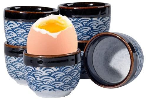 Caossuixin Juego de 6 hueveras de cerámica, hueveras de porcelana, color azul vintage, cerámica de alta calidad con superficie brillante, juego de hueveras para todos los tamaños, diseño azul con