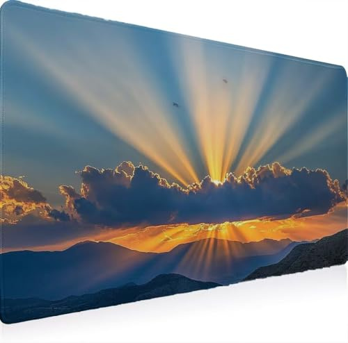 Tapis Souris XXL 700 x 300 Grand Prolongé Tapis Souris, Gamer Bureau Rubber Base Anti Dérapage, Imperméable Mouse Pad, Haute Précision et Vitesse avec Bords Cousus Le Soleil Les Nuages W0G1-1053