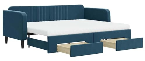Mhdvray Tagesbett Blau 80x200 Samt Rollrost mit 2 Schubladen 2 Matratzen Daybed Schlafsofa platzsparend für Wohnzimmer Gästezimmer Jugendzimmer