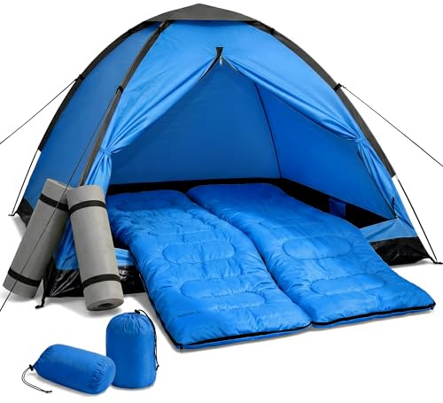 High Peak Kuppelzelt für 2 Personen, 3 Saison Wetterfest Winddicht Leicht Campingzelt mit Schlafsäcken Isomatten, Einfaches Aufstellen für Trekking Wandern Outdoor Backpacking Familien Festival Garten