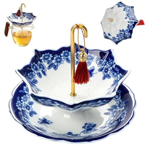 Colador de té de porcelana, con forma de paraguas pintado a mano, azul y blanco, con perforaciones finas, filtro de té de 107 mm, para taza, tetera, ceremonia china del té, regalo para los amantes del