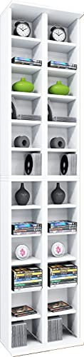 VCM Holz CD DVD Stand Regal | CD Regal mit Platz für 408 CDs oder 144 DVDs oder 80-Videos | Maße: H. 183 x B. 42 x T. 20 cm | Elegantes CD/DVD Regal | Blu ray Regal – Almera Weiß
