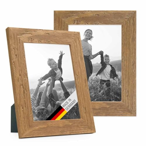 Bilderrahmen 10x15 cm Holz Eiche-Optik, 2er Set Echtholz-Rahmen rustikal, Strandhaus, Made in Germany, Echtglas, zum Aufhängen & Aufstellen, extra Zubehör - Treibholzlook mit einem Hauch Küstenflair
